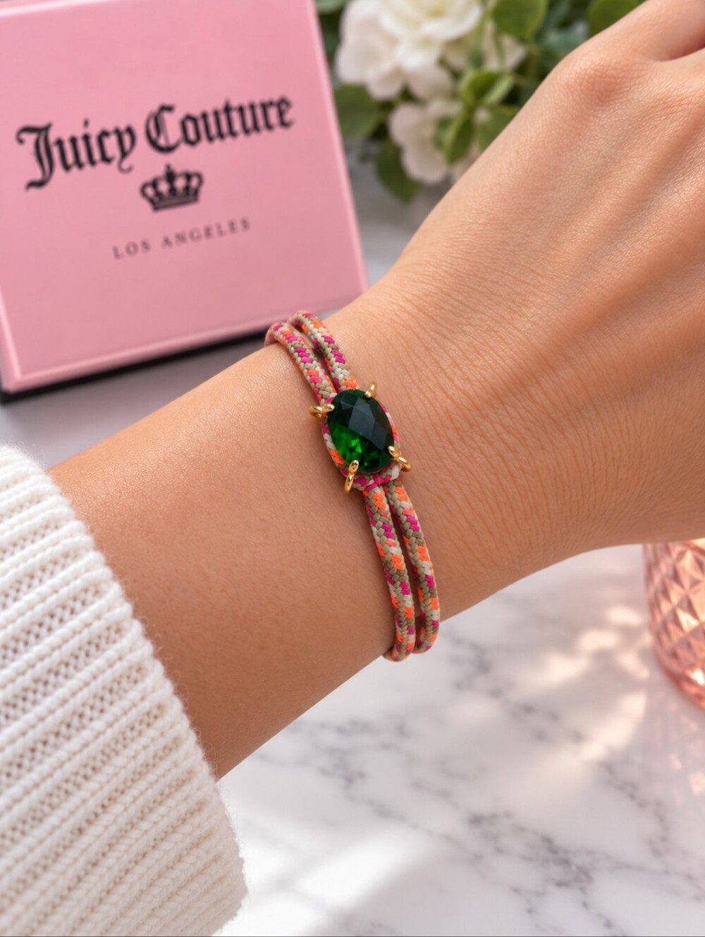 Juicy Couture Retro Faceted Green Glass Adjustable Cord Bracelet